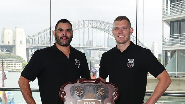 Greg Inglis and Tom Trbojevic with the State of Oigin trophy. Picture: Mark Metcalfe/Getty Images