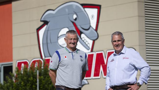 Mark Robinson and Tony Murphy outside Dolphins Stadium after signing a feeder contract with NZ Warriors. Picture: AAP/Sarah Marshall