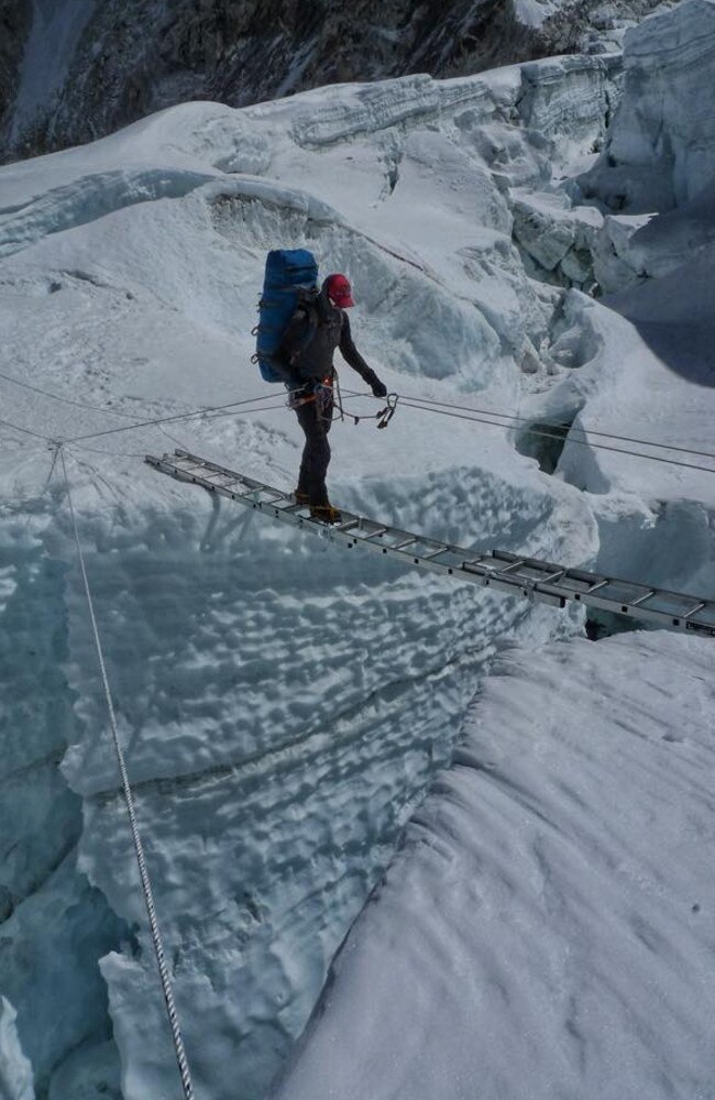 Plain negotiates a crevasse on Everest. Picture: Facebook/Steve Plain