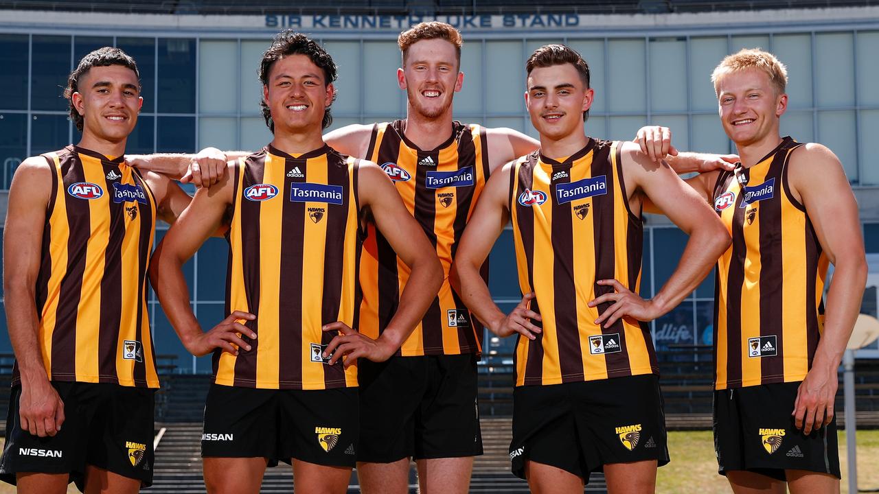 2020 Hawthorn draftees Tyler Brockman, Connor Downie, Denver Grainger-Barras, Seamus Mitchell and Jack Saunders. Picture: AFL Photos/Getty Images