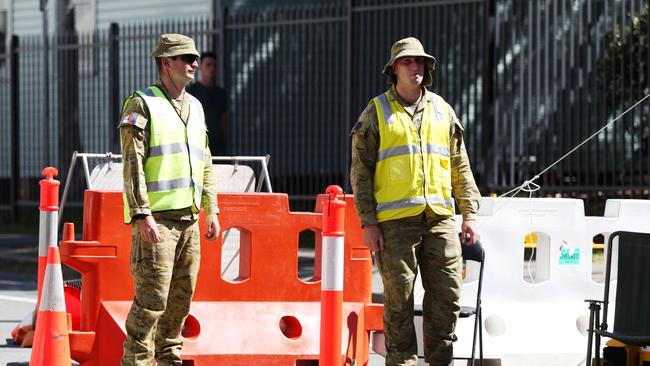 ADF and Police at the Queensland border check point in Coolangatta. Picture: Nigel Hallett