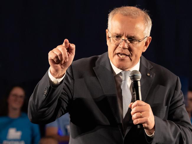 ELECTION TEAM 2022 LIBERAL BUS TOUR 1/5/2022, The Prime Minister Scott Morrison at a Liberal Campaign Rally for Sydney region. The Prime Minister delivers a speech at Accor stadium in the electorate of Reid. Picture By Jason Edwards