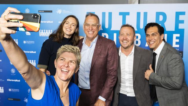 Natalie Cook with Cate Campbell, Mark Stockwell, Miles Stewart and Paul Gonzalez at The Courier-Mail Future Brisbane lunch. Picture: Richard Walker