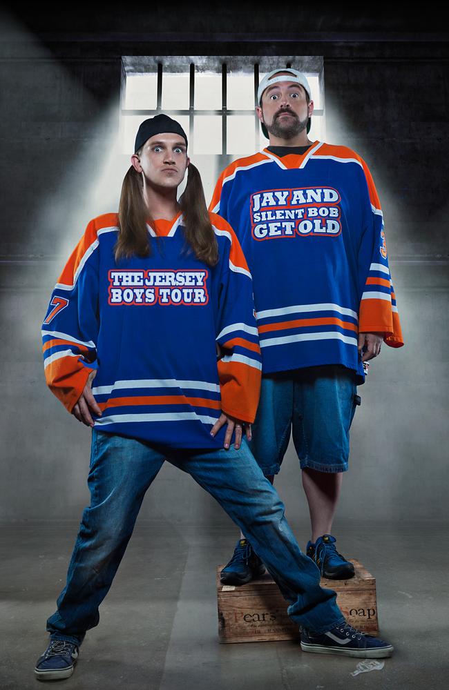 Smith and Jason Mewes ... The tandem team better known as Jay and Silent Bob are in Australia this week for the An Evening with Kevin Smith stage show. Picture: Supplied.