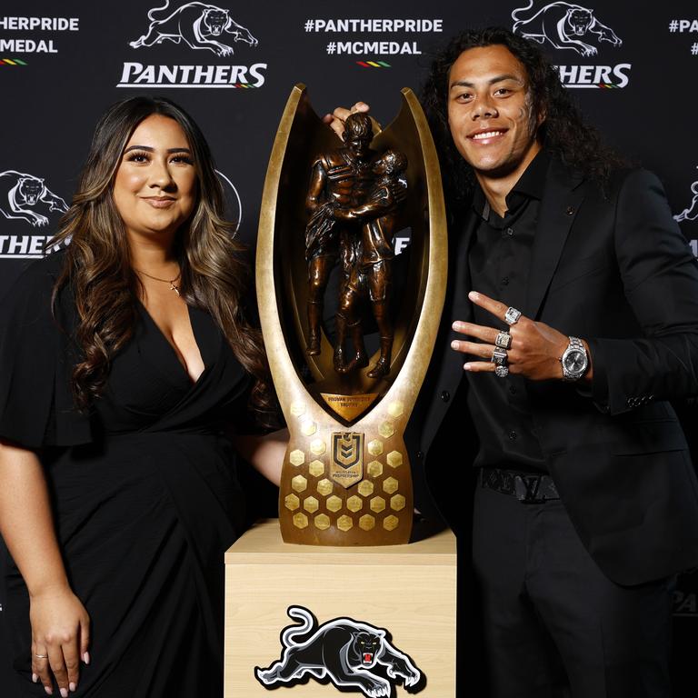 Jarome Luai and his partner Bailey Toleafoa. Picture: Jonathan Ng