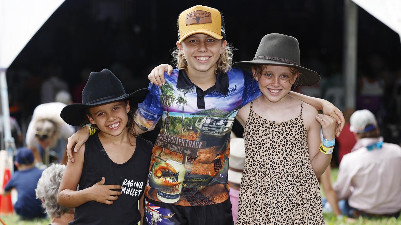 Kai Gust, 7, Jayce Dargan-Keen, 13, and Codi Gust, 9, at the Savannah in the Round music festival, held at Kerribee Park rodeo grounds, Mareeba. Picture: Brendan Radke