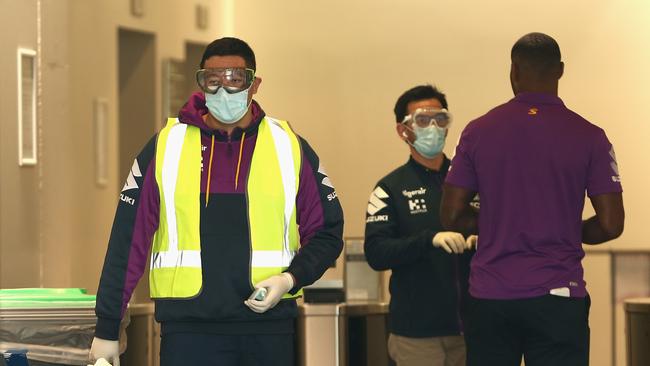 Storm players are screened as they arrive for a briefing session. Picture: AAP.