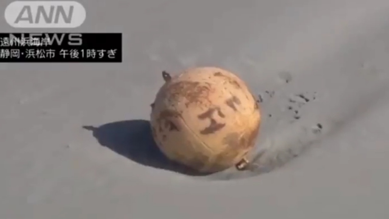 Broadcast footage of the mysterious object found on a beach in Hamamatsu. Picture: Supplied