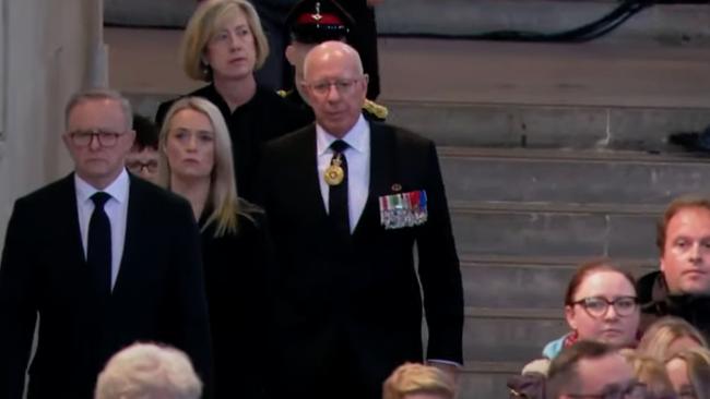 Australian Prime Minister Anthony Albanese and Governor-general David Hurley pay their respects to the Queen at Westminster Hal. Picture: Supplied