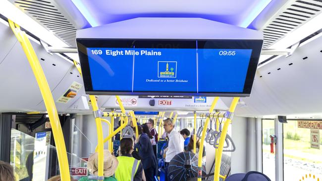 Brisbane residents on board Brisbane Metro from UQ Lakes Station, St Lucia to Eight Mile Plains electric bus depot, Saturday, October 12, 2024 – Picture: Richard Walker