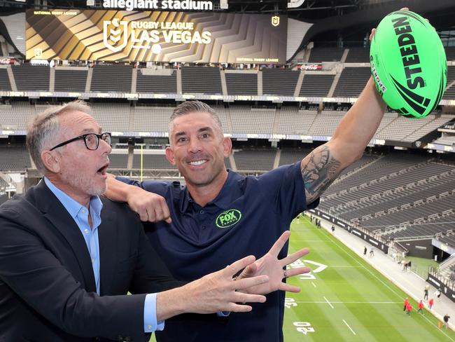 Foxtel boss Patrick Delany and NRL360 host Braith Anasta did four hours of interviews at Allegiant Stadium today., Photos by Greg Grudt/Mathew Imaging, If these photos will be used on Social Media, please be sure to tag the following: @mathewimaging