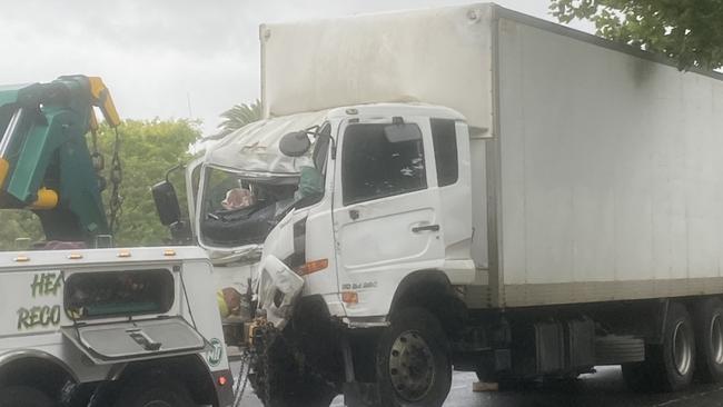 A man is dead after a crash between car and suspected stolen truck on Ballarat Rd, Footscray. Picture: Amelia Swan