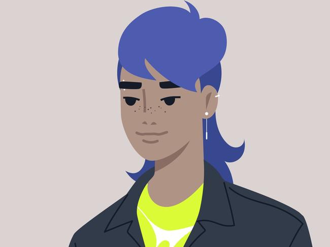 A young stylish character with blue hair wearing a trendy mullet haircut