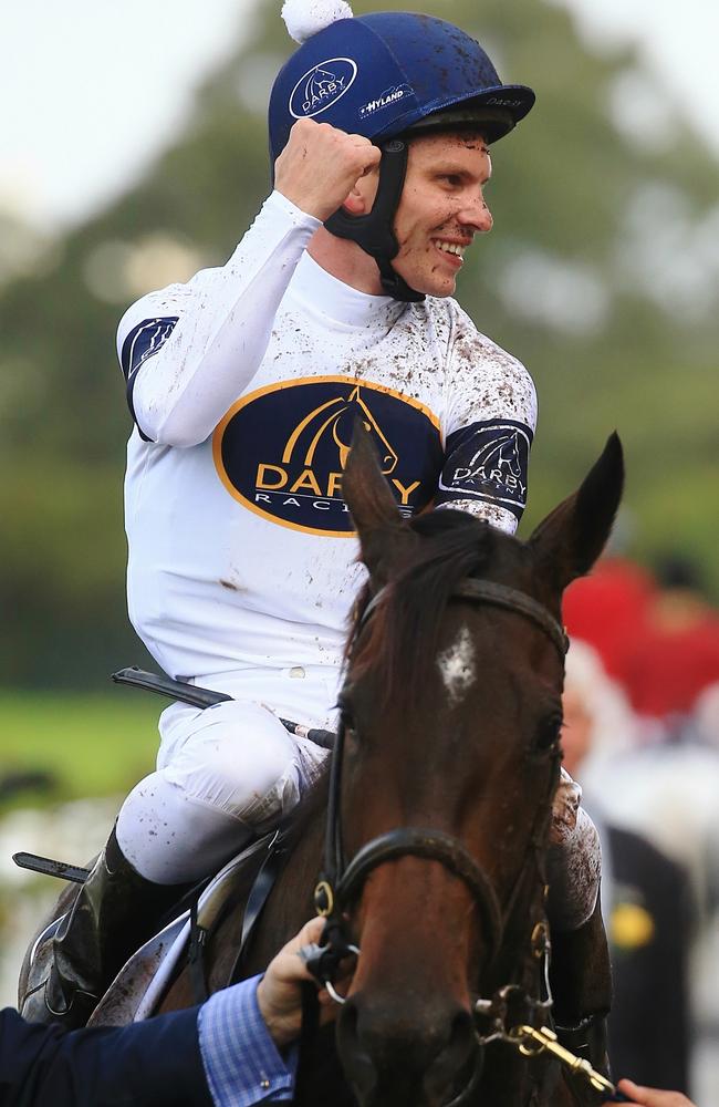 Jockey Ben Melham celebrates after She Will Reign’s Golden Slipper success. Picture: Adam Taylor