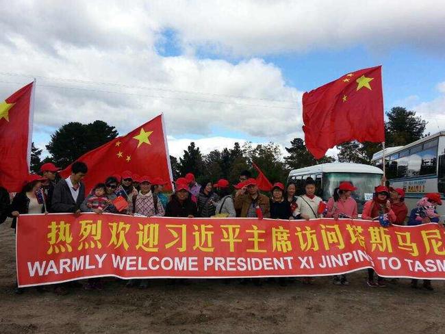 Supporters wait near the entrance to Hobart International Airport to greet President Xi Jinping. Picture: CHINESE NEWS TASMANIA