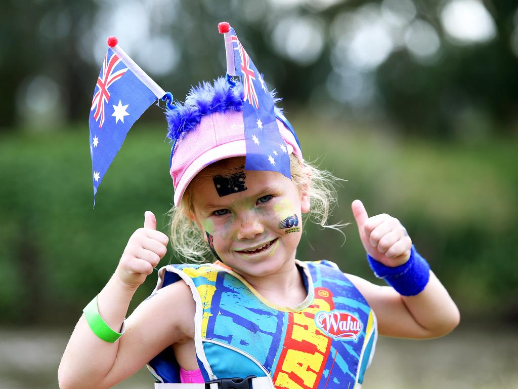 Harper Costello, 4, is ready for action in the annual Australia Day Raft and Craft Race down the Namoi River near Gunnedah in north west NSW. Picture: Peter Lorimer