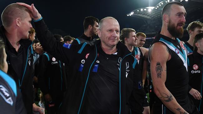 Ken Hinkley celebrates Port Adelaide’s win over Adelaide. Picture: Brake/Getty Images