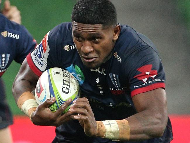 Isi Naisarani of the Rebels runs the ball forward during the Round 16 Super Rugby match between the Melbourne Rebels and the NSW Waratahs at AAMI Park in Melbourne, Friday, May 31, 2019. (AAP Image/Hamish Blair) NO ARCHIVING, EDITORIAL USE ONLY