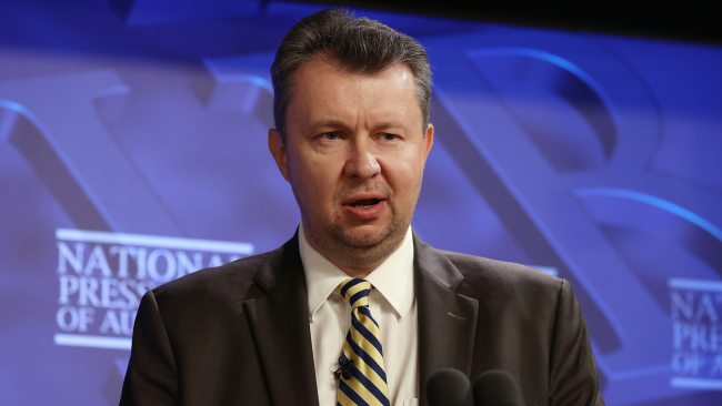 Volodymyr Shalkivskyi addresses the National Press Club in Canberra on Thursday. Picture: NCA NewsWire / Gary Ramage