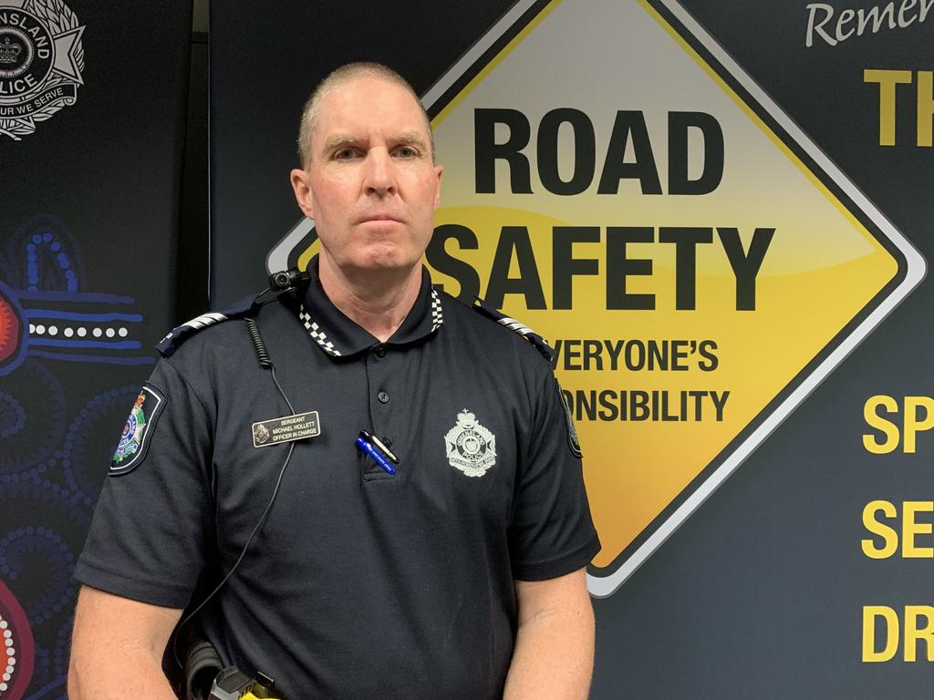 Mackay Forensic Crash Unit Officer in Charge Sergeant Michael Hollett speaking about the Shute Harbour Rd crash on August 11, 2024. Picture: Lillian Watkins.