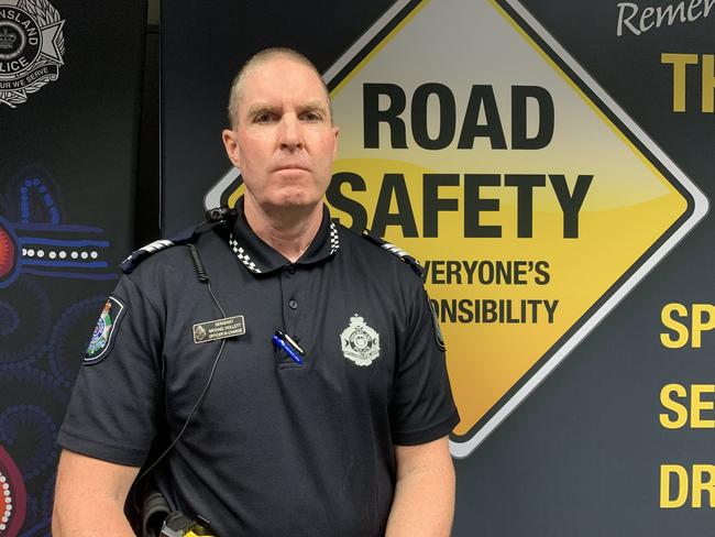 Mackay Forensic Crash Unit Officer in Charge Sergeant Michael Hollett speaking about the Shute Harbour Rd crash on August 11, 2024. Picture: Lillian Watkins.