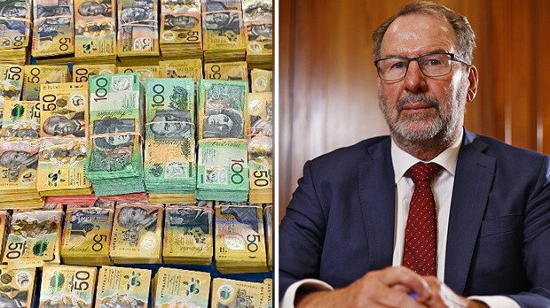 Some of the $1.8m in cash found stashed in a Toyota HiAce, and (right) NSW Crime Commissioner Michael Barnes.