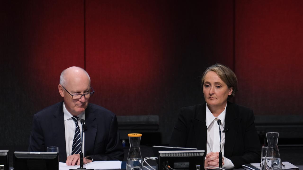 Qantas Chair Richard Goyder and CEO Vanessa Hudson during the Qantas Annual General Meeting in Melbourne. Picture: NCA NewsWire / Luis Ascui