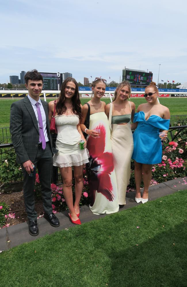 Jorja, Eden, Jess, Brooke and Marcus at Seppelt Wines Stakes Day 2024 at Flemington Racecourse. Picture: Gemma Scerri