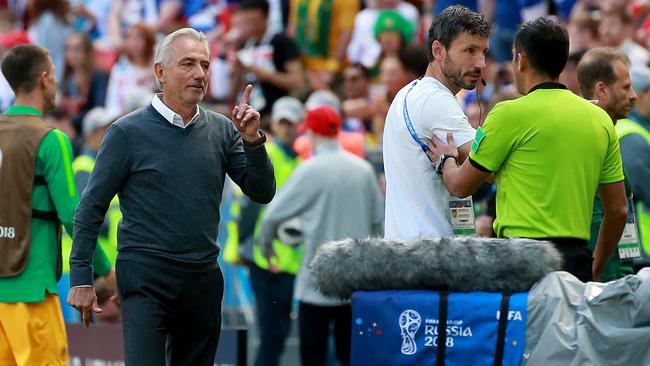 Socceroos coach Bert van Marwijk reacts to France being awarded a crucial penalty via VAR. Picture: Toby Zerna