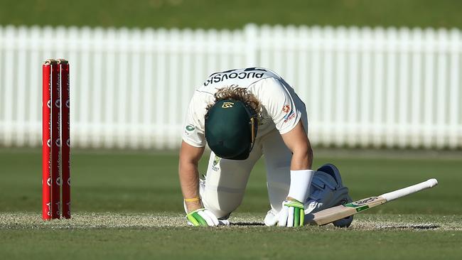 Will Pucovski after being struck in the helmet off the bowling of Kartik Tyagi of India at Drummoyne Oval in Sydney on Tuesday. Picture: Getty Images