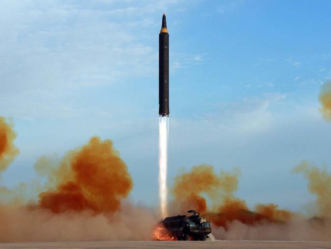 The North Korean government test-launches of an intermediate range Hwasong-12 in North Korea. Picture: Korean Central News Agency/Korea News Service via AP