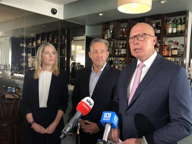 Federal Opposition leader Peter Dutton (right) with the Liberal candidate for Warringah, Jaimee Rogers and Liberal candidate for Mackellar, James Brown,  after a meet the voters roundtable held at the Stella Blu Italian restaurant in Dee Why on Wednesday, November 4, 2024.