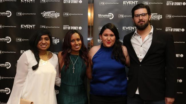 <i>They're Listening</i> cast and crew at the 2019 Smartfone Flick Festival awards: Anisha Thomas, music score composer, director Rachael Belle Myers and actors, Elisa Cristallo and Luke Newnham.