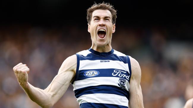 MELBOURNE, AUSTRALIA - APRIL 10: Jeremy Cameron of the Cats celebrates a goal during the 2023 AFL Round 04 match between the Geelong Cats and the Hawthorn Hawks at the Melbourne Cricket Ground on April 10, 2023 in Melbourne, Australia. (Photo by Michael Willson/AFL Photos via Getty Images)