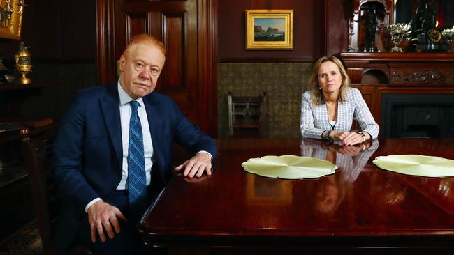 VISY chairman Anthony Pratt in his home with Peter Doherty Institute director and infectious disease expert Sharon Lewin. Picture: Aaron Francis