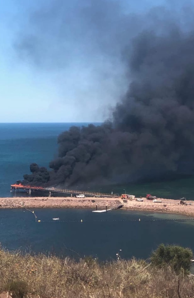 The Whyalla jetty is ablaze after a welding incident. Picture: Joanne Lebon