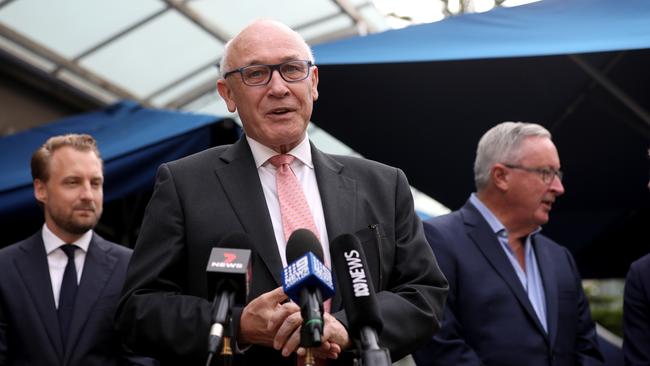 Minister for Finance and Small Business Damien Tudehope pictured speaking at a press conference in Manly about support for northern beaches businesses who suffered during lock down. Picture: NCA NewsWire / Damian Shaw