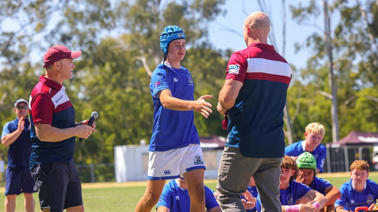 Buildcorp Emerging Reds Cup action from the day one match between Queensland Country Under-14s and Brisbane Junior Rugby Union Under-14s. Picture credit: QRU Media/ Erick Lucero.