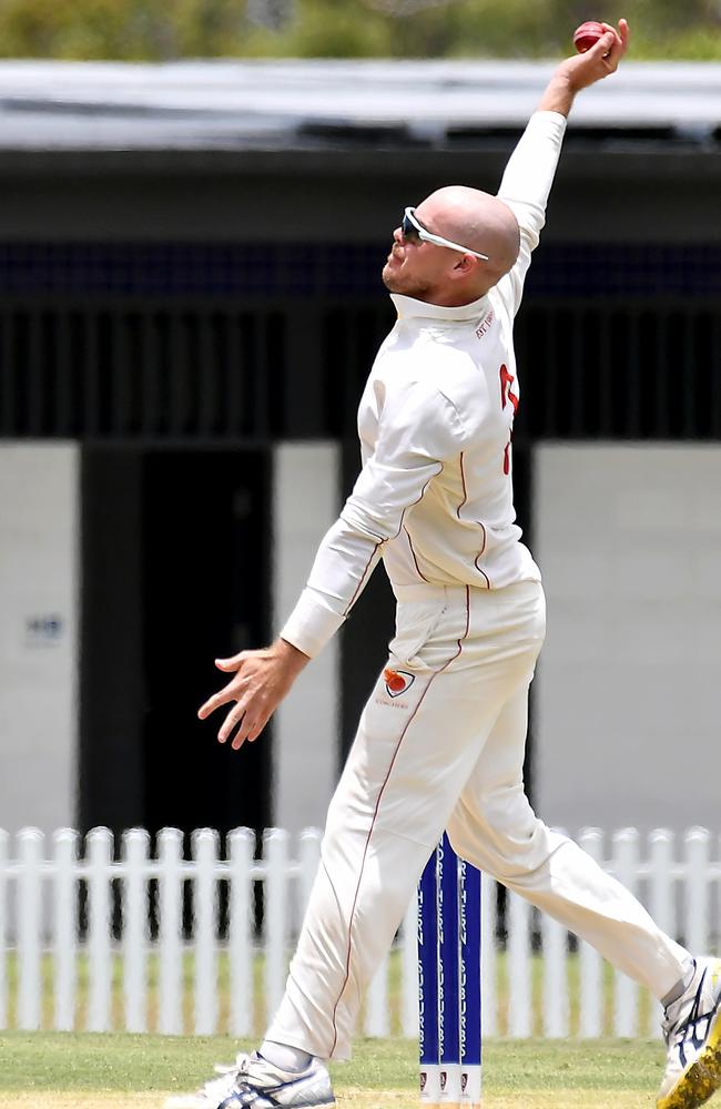 Sunny Coast bowler Mitchell Cook Cricket action between Norths V Sunny Coast Saturday December 17, 2022. Picture: John Gass