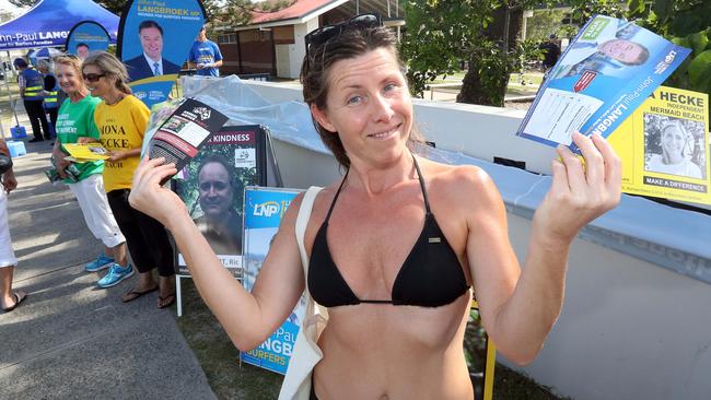 Fiona Reid who voted on her way to the beach for a dip in the ocean. Photo by Richard Gosling