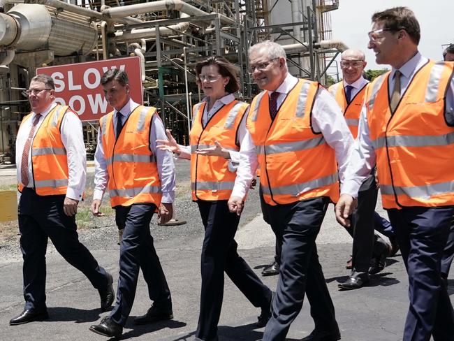 Prime Minister Scott Morrison joins Minister Taylor, Assistant Minister Buchholz and local Federal Member for Bonner Ross Vasta MP to a visit to IPLâs Gibson Island Manufacturing Plant Incitec Pivot ahead of announcing a $24.9 million grant to secure domestic production of Diesel Exhaust Fluid, commonly known as AdBlue. Picture: Adam Taylor