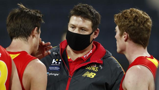 Early wins are paramount for under-pressure Suns coach Stuart Dew. Picture: AFL Photos/Getty Images