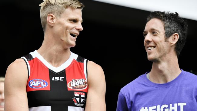 Nick Riewoldt and Bob Murphy have clearly gotten over that sledge. Picture: Jason Edwards