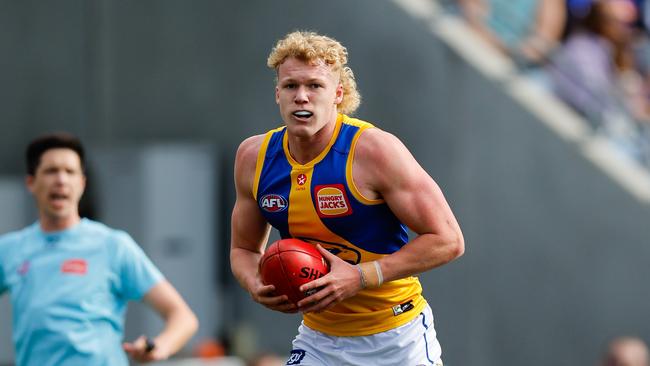 Reuben Ginbey of the Eagles in action during the 2024 AFL Round 22 match between the North Melbourne Kangaroos and the West Coast Eagles at Blundstone Arena on August 10, 2024 in Hobart, Australia. (Photo by Dylan Burns/AFL Photos via Getty Images)