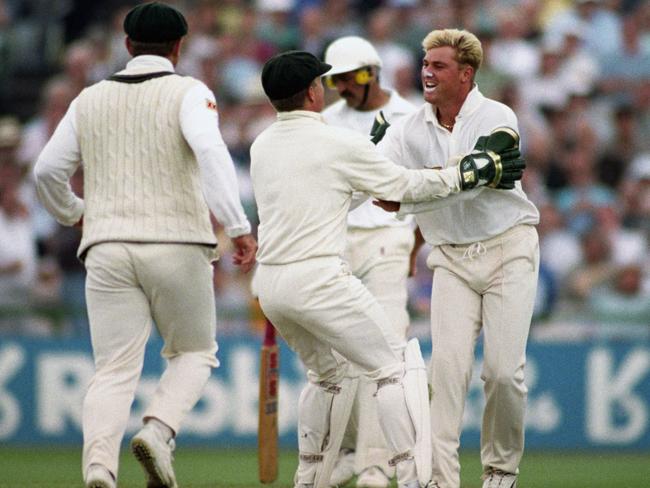 Shane Warne celebrates the first of his 195 Ashes wickets. Picture: Rui Vieira/PA Images via Getty Images