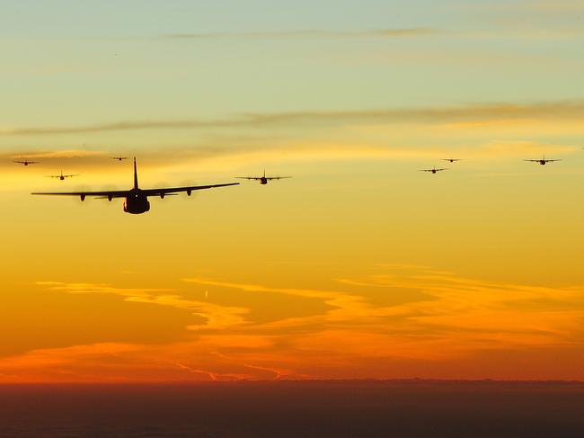 A C-130J "Super" Hercules fly in formation. These are being used to rapidly establish forward operating bases. Picture: US Air Force