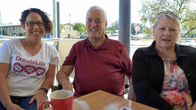 HOW TO SAVE A LIFE: Acting organ donation specialist nurse, Karen Jenner with grateful heart transplant recipients and Bundy locals, Jeffrey Kirkman and Bev Cooke. Picture: Rhylea Millar