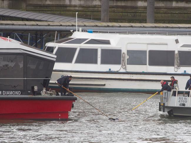 A boat worker and fire crews retrieve an unknown object from the Thames under Westminster Bridge. Picture: Jamie Lorriman