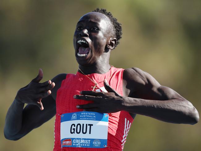 Gout Gout celebrates after winning the men’s 200m national championships final. Picture: Getty Images
