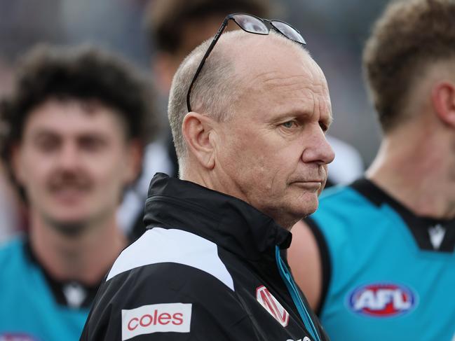 ADELAIDE, AUSTRALIA - JUNE 22: Ken Hinkley, Senior Coach of the Power during the 2024 AFL Round 15 match between the Port Adelaide Power and the Brisbane Lions at Adelaide Oval on June 22, 2024 in Adelaide, Australia. (Photo by James Elsby/AFL Photos via Getty Images)